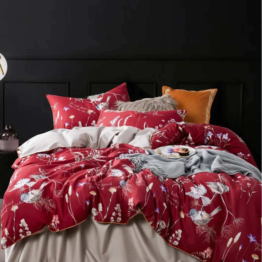 300TC Modern American Bedding Set Includes 4pcs Long-Staple Plant Luxurious 60s Floral Bird Satin Printed All-Cotton Quilt Cover