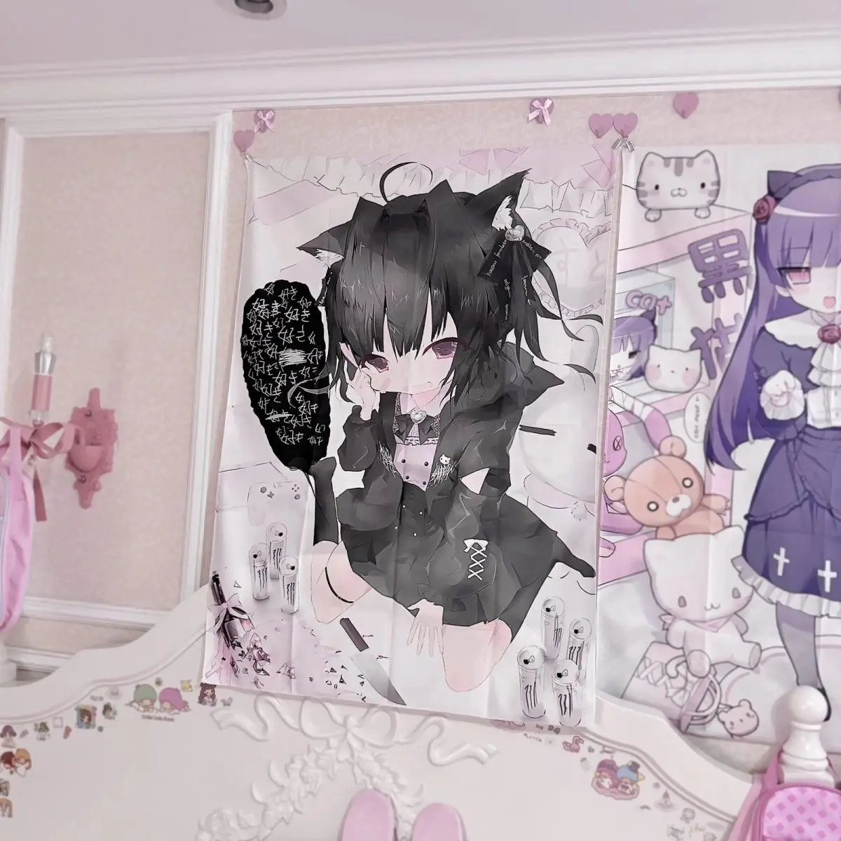 Harajuku Aesthetic Original Ins Anime Black Pink Kawaii Tapestry, Cute Girl Wall Hanging Blanket for Dorm Bedroom Interior Makeo