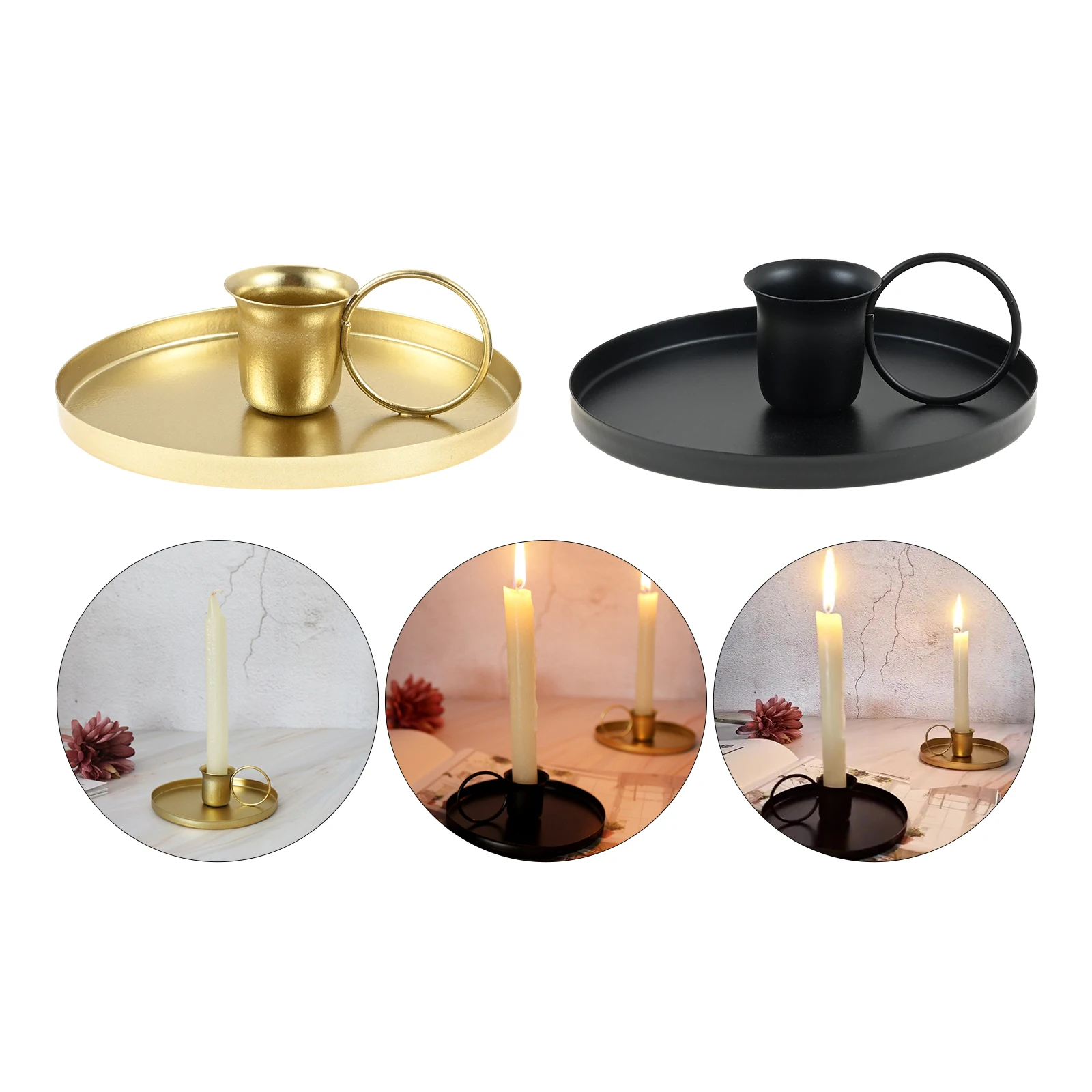 Gold Black Iron Candle Holder with Handle Round Candlestick Stand Home Dining Table Wedding Decorations Birthday Christmas Gift