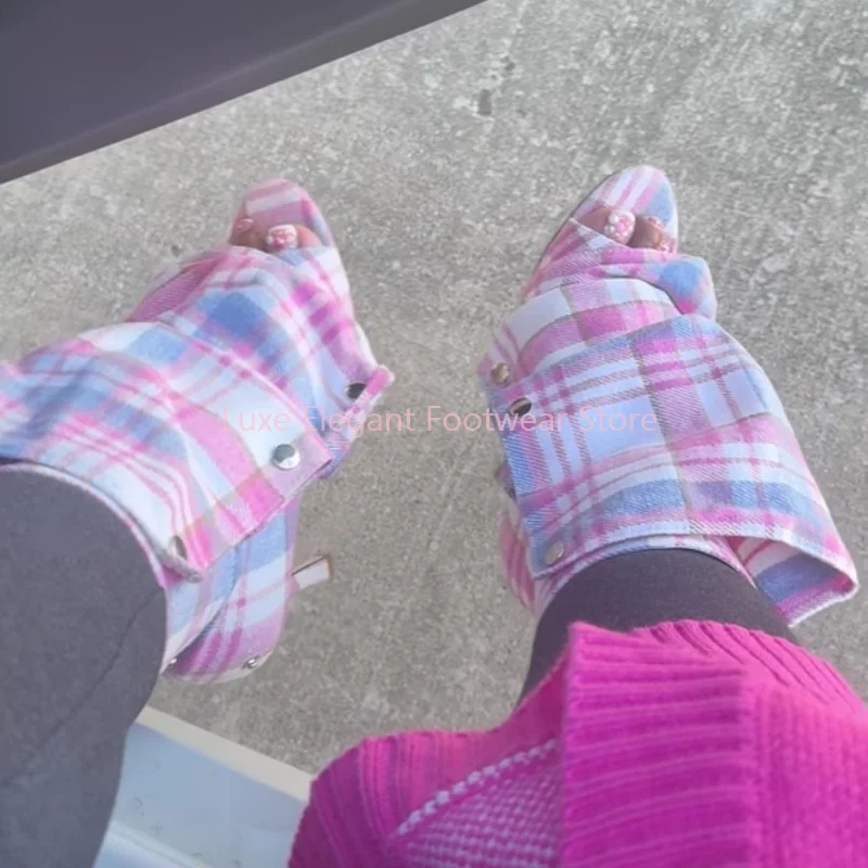 Patchwork Plaid Pleated Open Toe Stiletto Ankle Boots Women Rivet Denim Leather Short Boots Sexy Fashion Party Catwalk Shoes New