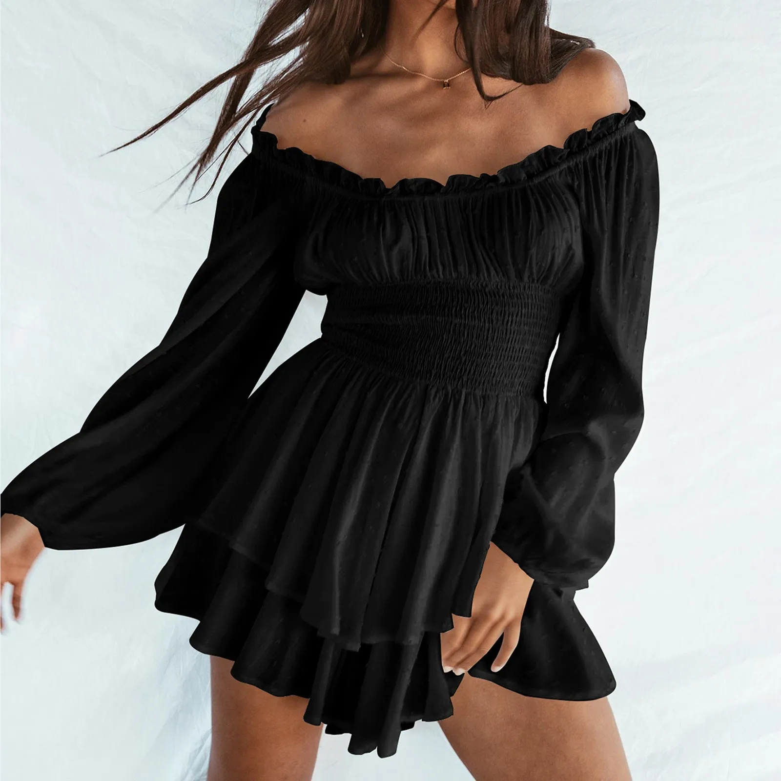 Ladies Ruffled Layered Chiffon Culottes Long Sleeve Crew Neck Off Shoulder Swing Mini Flowy Cotton Romper Dress Solid White 2024