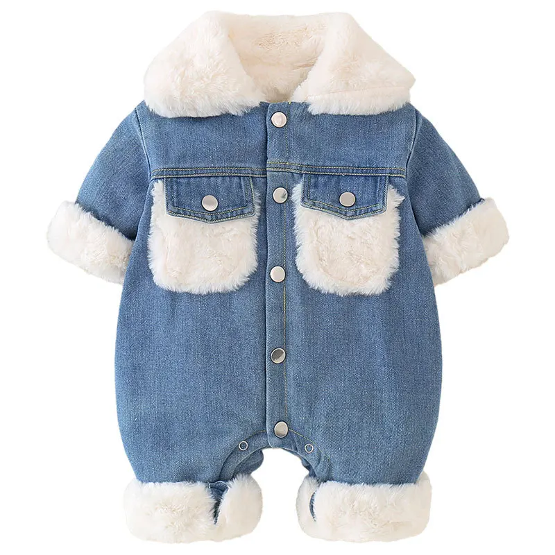 Combinaison en denim avec col en fourrure pour bébé, barboteuse en coton chaud pour nouveau-né, manteau Smile, vêtements d\'extérieur pour enfants,