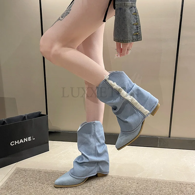 Pointed Toe Denim Fashion Knee High Med Calf Boots for Women Retro Cowboy Cowgirls Western Boots Autumn Hot Sale Shoes