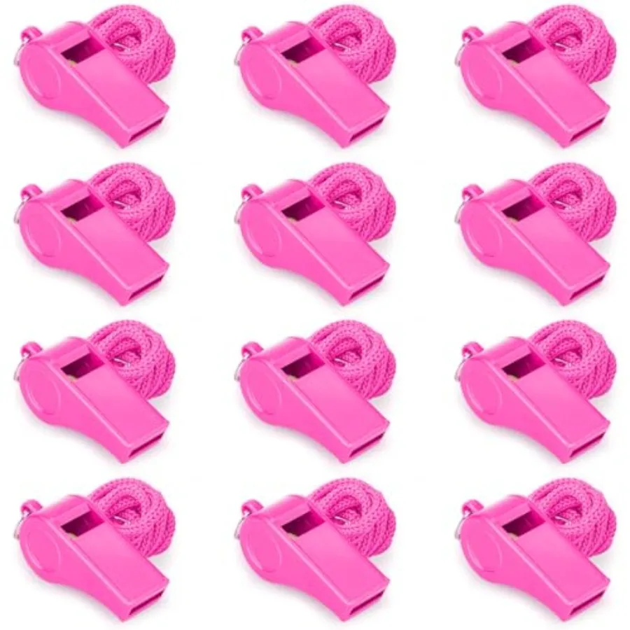 12 Pack Pink Loud 120dB Plastic Whistles with Lanyard HighPitched Safety Whistle for Sports Coaching and Collective Entertainme