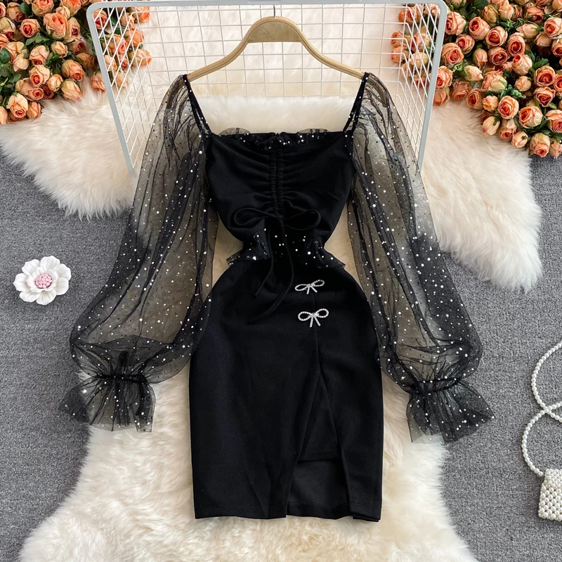 Coreano Sle Sexy Sparkling Me empalme cuello cuadrado abierto Split ceñido al cuerpo Dr otoño nueva llegada mujer de longitud media A-Line D...