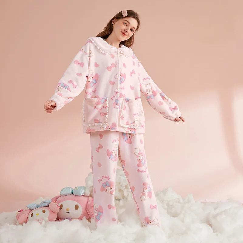 Sanrio My Melody Series Autumn Winter Students Dormitory Warm Coral Fleece Pajama Sets Girls Causal Cute Thick Pajamas Home Wear