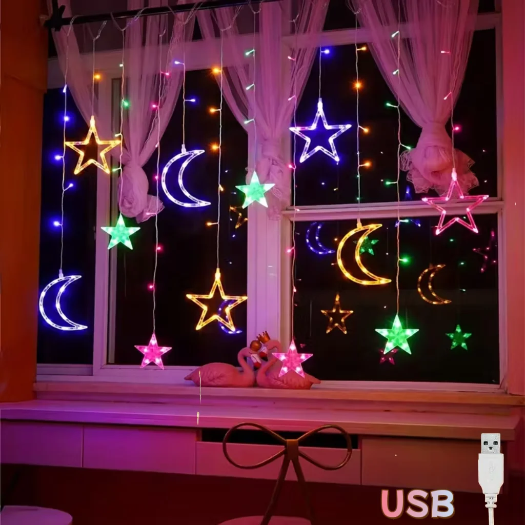 Luci a corda per tende a forma di stella lunare a LED alimentate tramite USB Lampada da atmosfera romantica sospesa calda/multicolore per decorazioni per Ramadan per feste al coperto