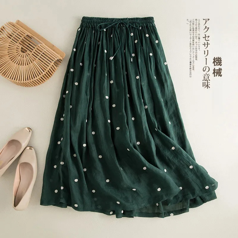 High Waist A-Line Polka Dot Cotton Linen Half Skirt Women's Double Layered Swing Skirt Commute Artistic Style Midi Skirt
