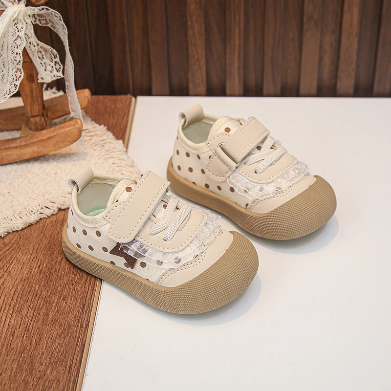 Toddler Polka Dot Canvas Shoes, Lace Star Decor Sneakers, Velcro Soft Non Slip Sole Walking Shoes for Baby Girls Daily Wear