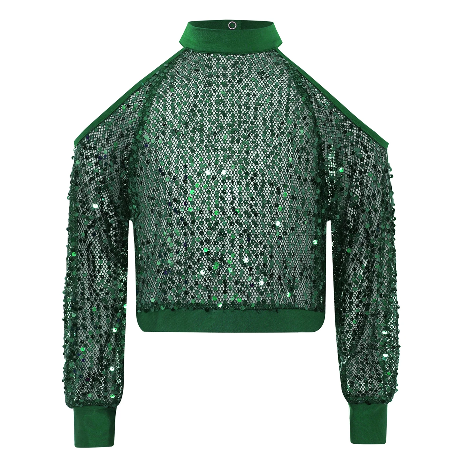 Kids Girls Shiny Sequins Top Jazz Hip Hop Dance Costume Off-shoulder Crop Top Street Dancewear Dance Stage Performance Outfit