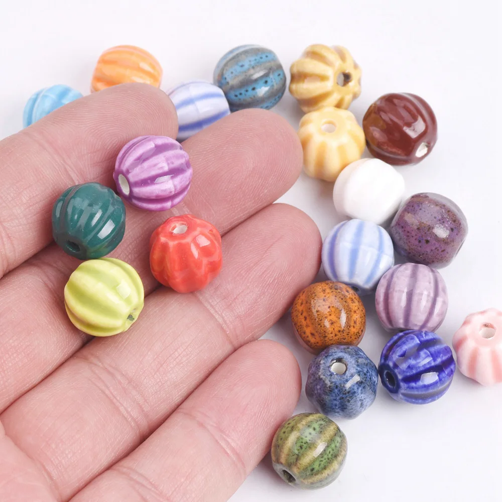 

10pcs Pumpkin Shape 13mm Handmade Glazed Ceramic Porcelain Loose Beads for Jewelry Making DIY Crafts Findings