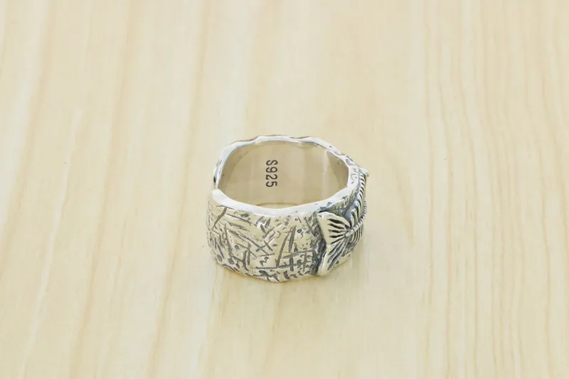 925 Sterling Silver Fossil Fishbone Ring with Opening Male Personality Thai Silver Index Finger Ring Punk Hip Hop Jewelry Vintag