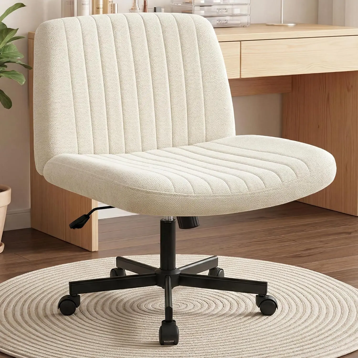 Beige-Wheel Fabric Armless Crisscross-Leg Swivel Desk Chair, Height Adjustable Wide Seat Multi-Purpose Computer & Vanity Chair for Home