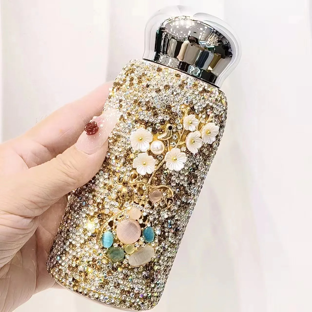 Rhinestone Flower Vase Vaccum Portable Insulated Cup DIY Handcraft Shiny Mosaic Bling-bling Creative Luxury Gift For Girl Wife