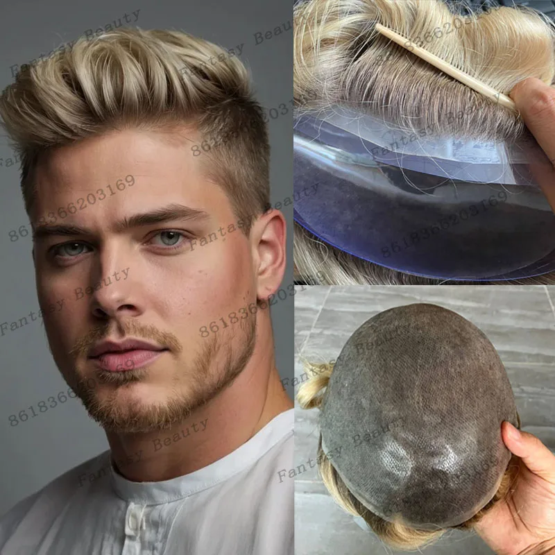 

Необнаружимый Ombre Медовый Блондинка Мужские Парики Человеческих Волос Протез Капиллярный Супер Прочный Прочный 0,06-0,08 мм Кожа База Мужской Парик