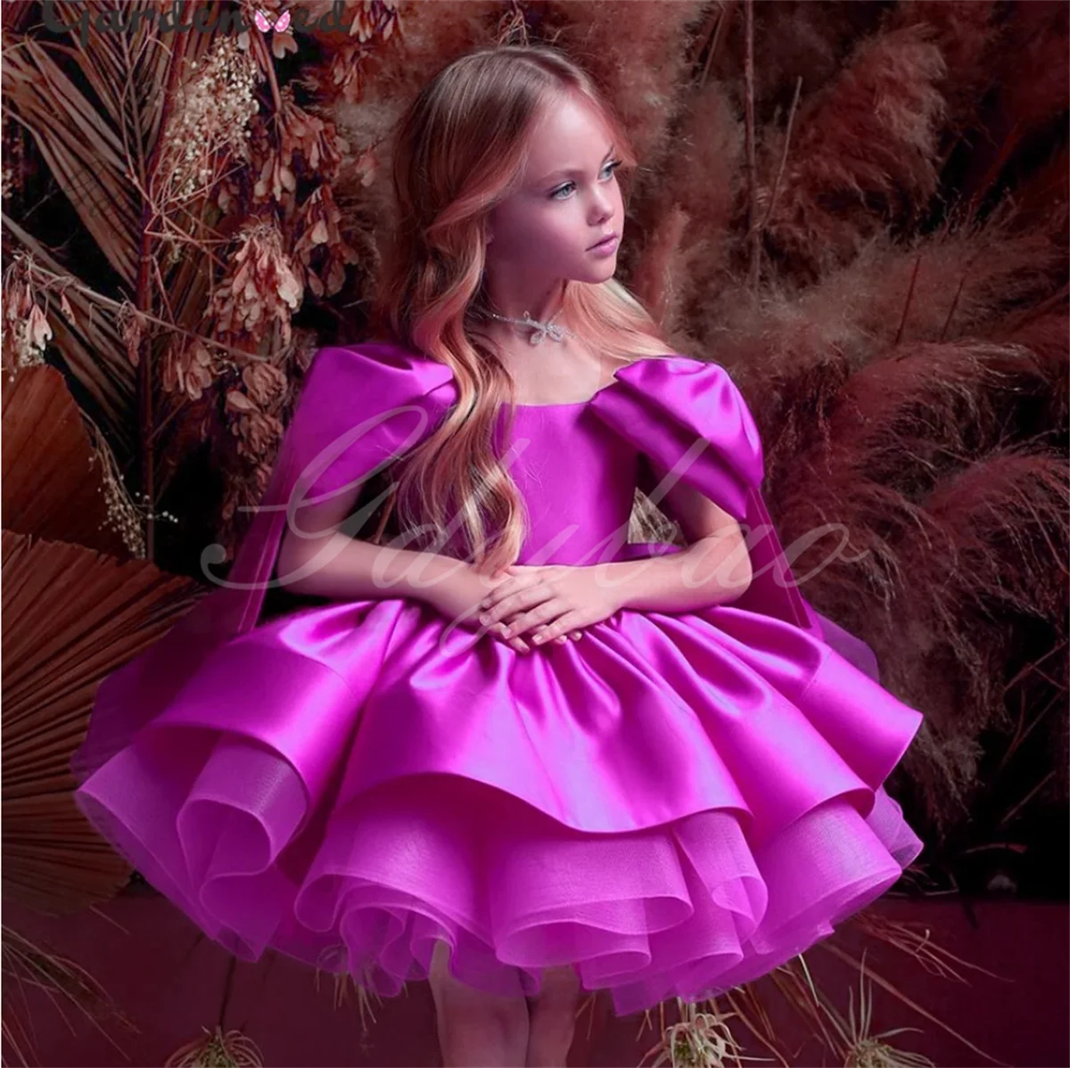 Dusty Pink Flower Girl Dress Scoop Neck Off The Shoulder Big Bow Puff Cute Birthday Party Dresses abito da comunione