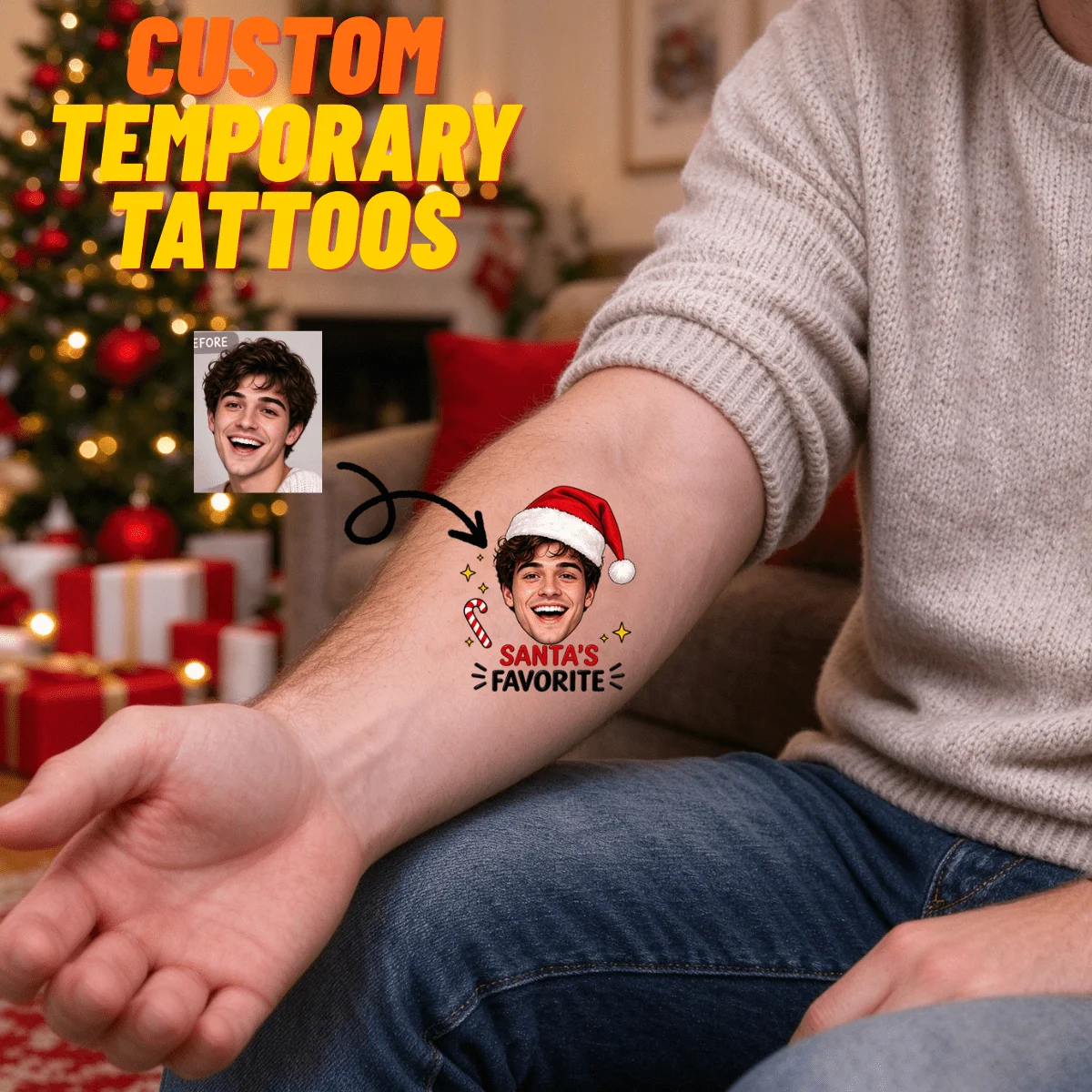 10/30/60/90/120pcsCustom Photo Face Temporary Tattoos Custom Christmas Photo Temporary Tattoos Christmas Gift Personalized Gift