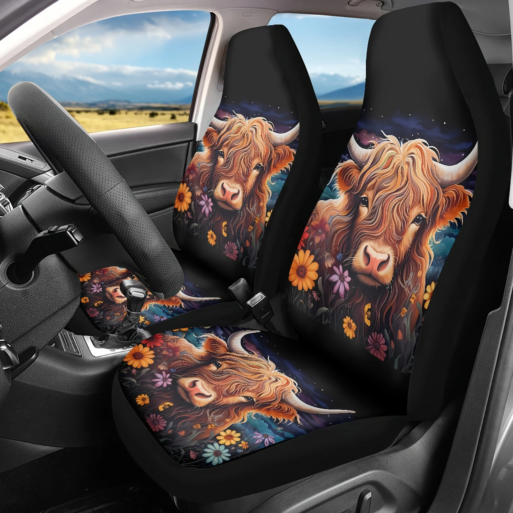 2pcs Colorful Floral Cow Car Seat Covers, Universal Car Protection Cover Suitable For Sedans, SUVs, And Trucks, Washable And Eas