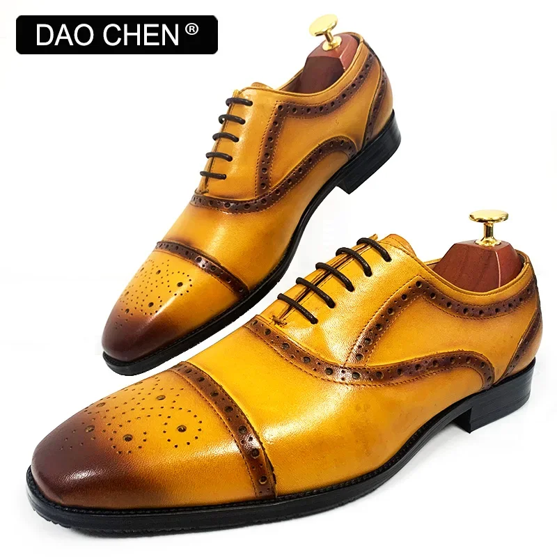 LUXURY BRAND MEN\'S OXFORD SHOES BLACK YELLOW LACE UP BROGUE CAP TOE CASUAL MENS DRESS SHOES OFFICE WEDDING LEATHER SHOES