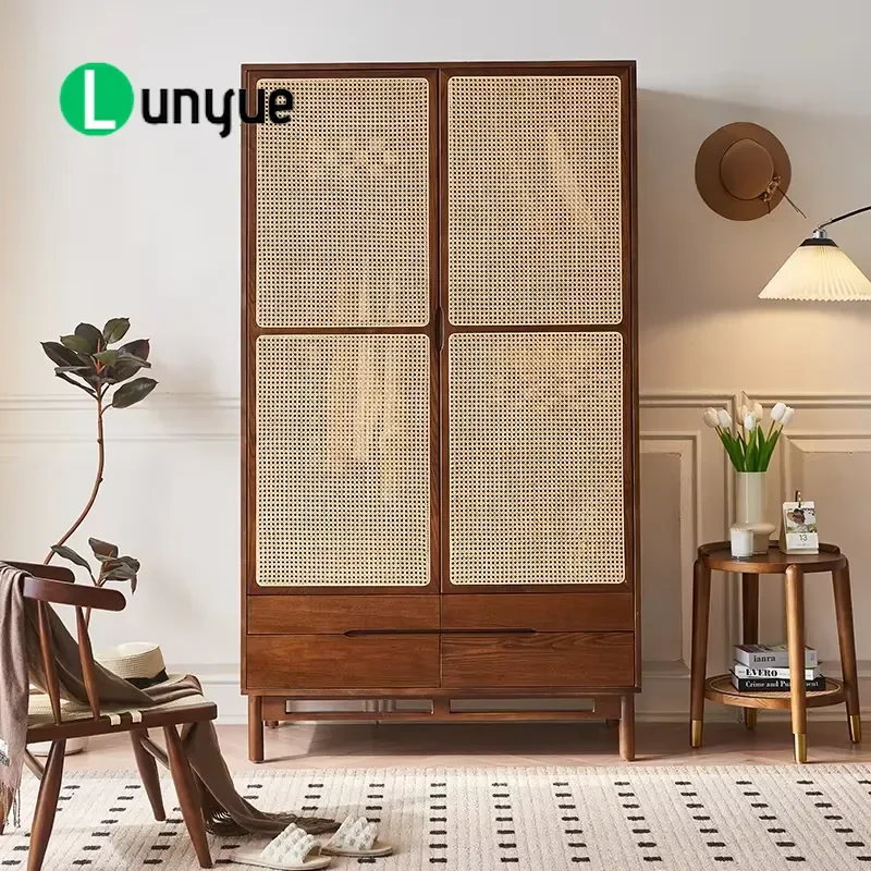 Custom Bohemian Solid Color Eco Friendly Dark Wood Natural Rattan Wardrobe With Drawers Hanging Rods Shelves For Small