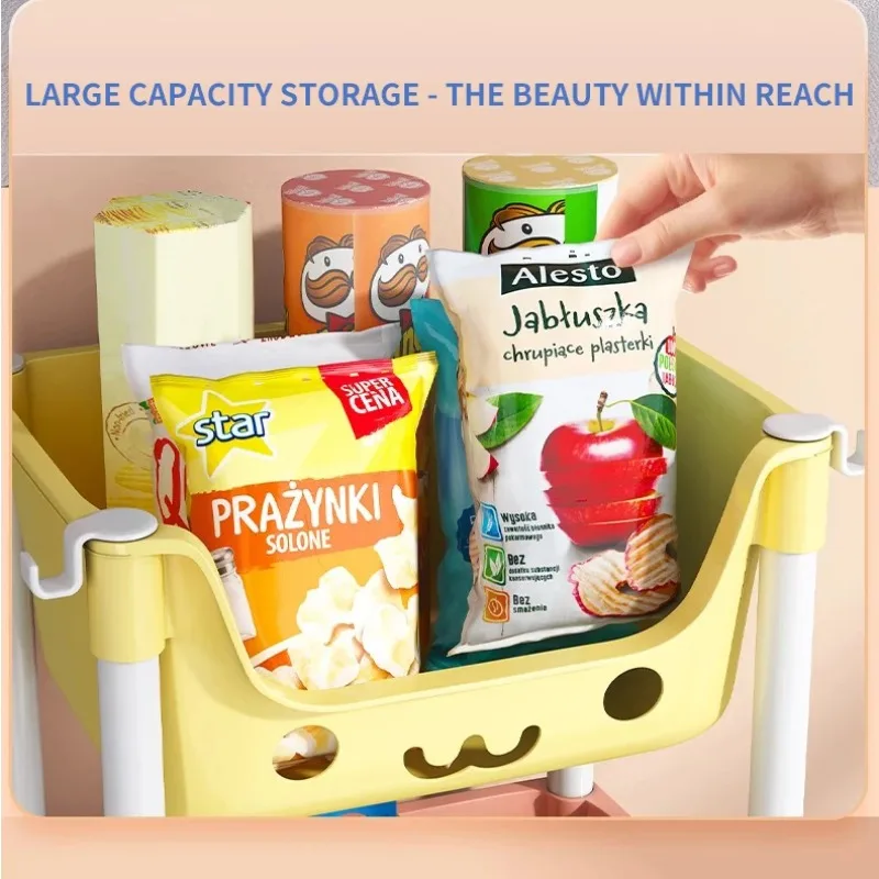 مطبخ معكرون متعدد الألوان، غرفة معيشة، عربة صغيرة، رف تخزين قائم على الأرض، كتب، وجبات خفيفة، رف فرز متحرك #6