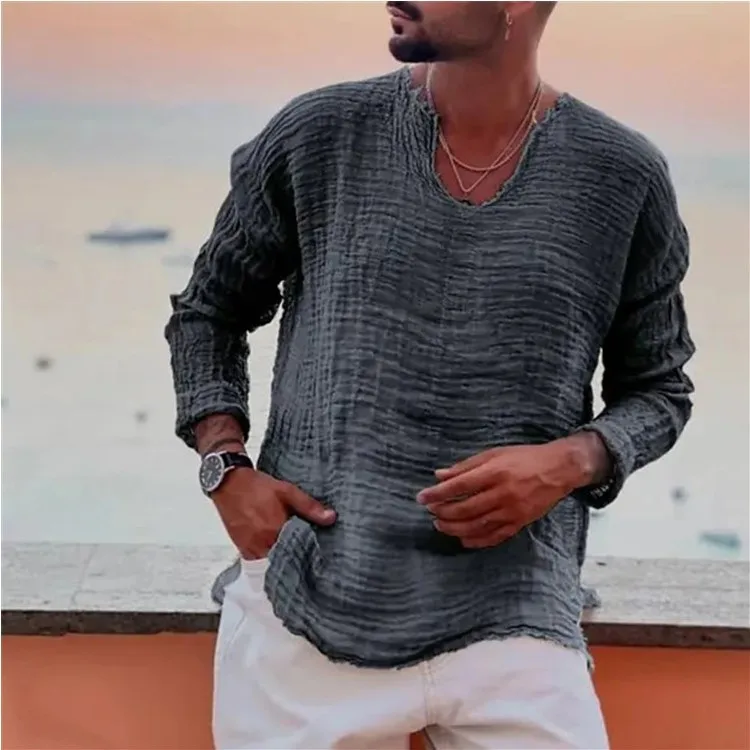 Trendy new spring and autumn men's fashion youth linen casual loose V-neck t-shirt washed frayed raw edge long-sleeved shirt image 4