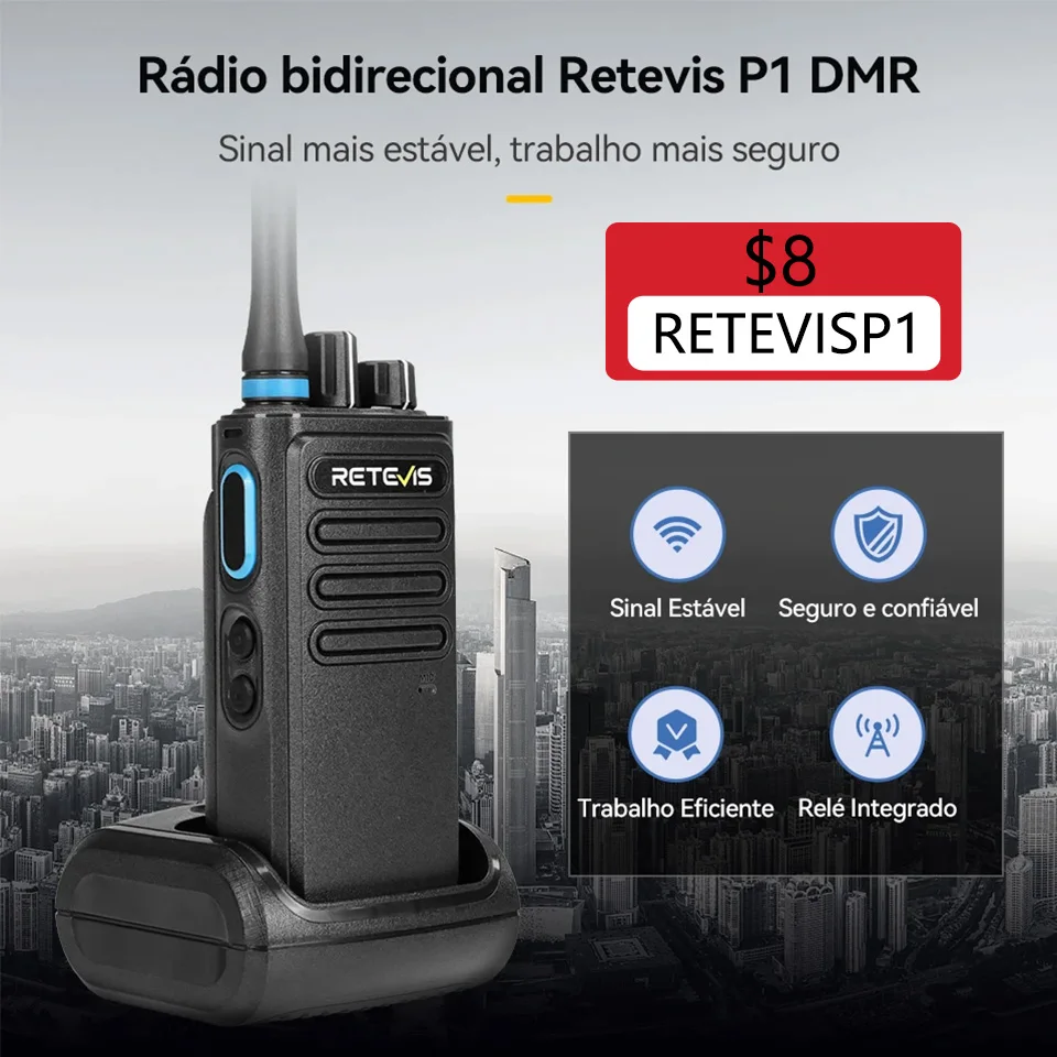 Retevis P1 DMR Radio Cominicador Longo Alcance,UHF Digital Walkie Talkie Longo Alcance Profissional,Rádio Comunicador de Longa Distância Superhet AES256,Radio de Comunicação Portátil Recarregável Type C