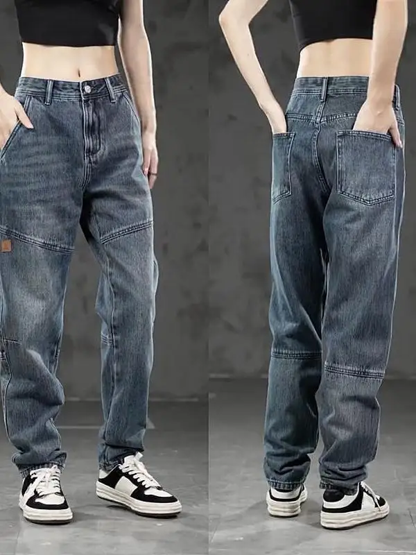 2026 New Men's Workwear Heavy Duty Washed Patchwork Loose Straight Leg Wear Resistant Casual Cotton Denim Jeans