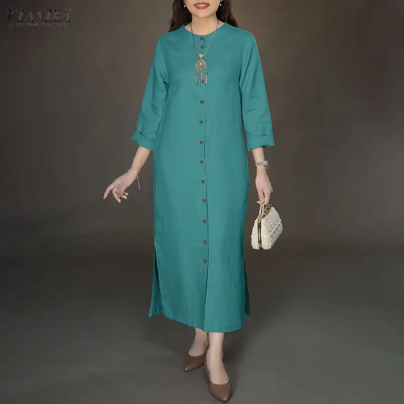ZANZEA Moda Camicia a maniche lunghe Abito Donna Autunno Elegante Bottoni da festa Casual Maxi Abiti Primavera O-Collo Abito solido allentato