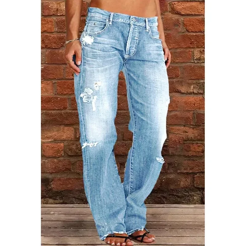 Women Washed Jeans Pencil Pants Denim Hole High Waist Vintage Pockets Button Solid Basics Full Length Trousers 2025 Casual