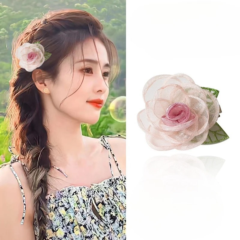 

Organza Rose Flower Duckbill Clip Holiday Pink Flowers Hair Side Clip Hairpin for Women Headwear Jewelry Hair Style Accessories