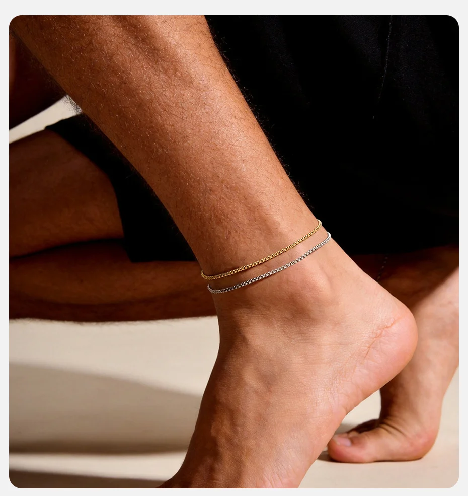 Vnox Edelstahl-Kastenkettenglieder-Fußkettchen für Männer und Frauen, gold-silberfarbenes, verstellbares Ketten-Fußkettchen-Armband, Schmuckgeschenk für Männer – Detail 2