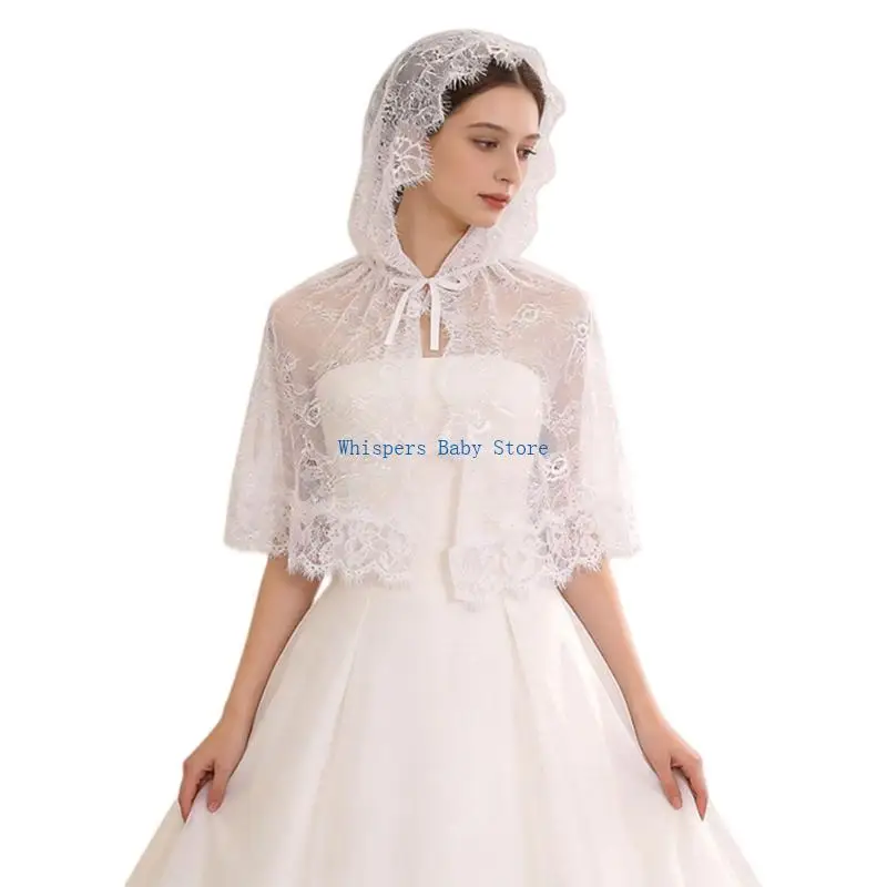 U90E Sheer Mesh Bridal Veils for Brides White Floral Lace Shoulder Covering Hooded Bowknot Front Wedding Shawl Wrap