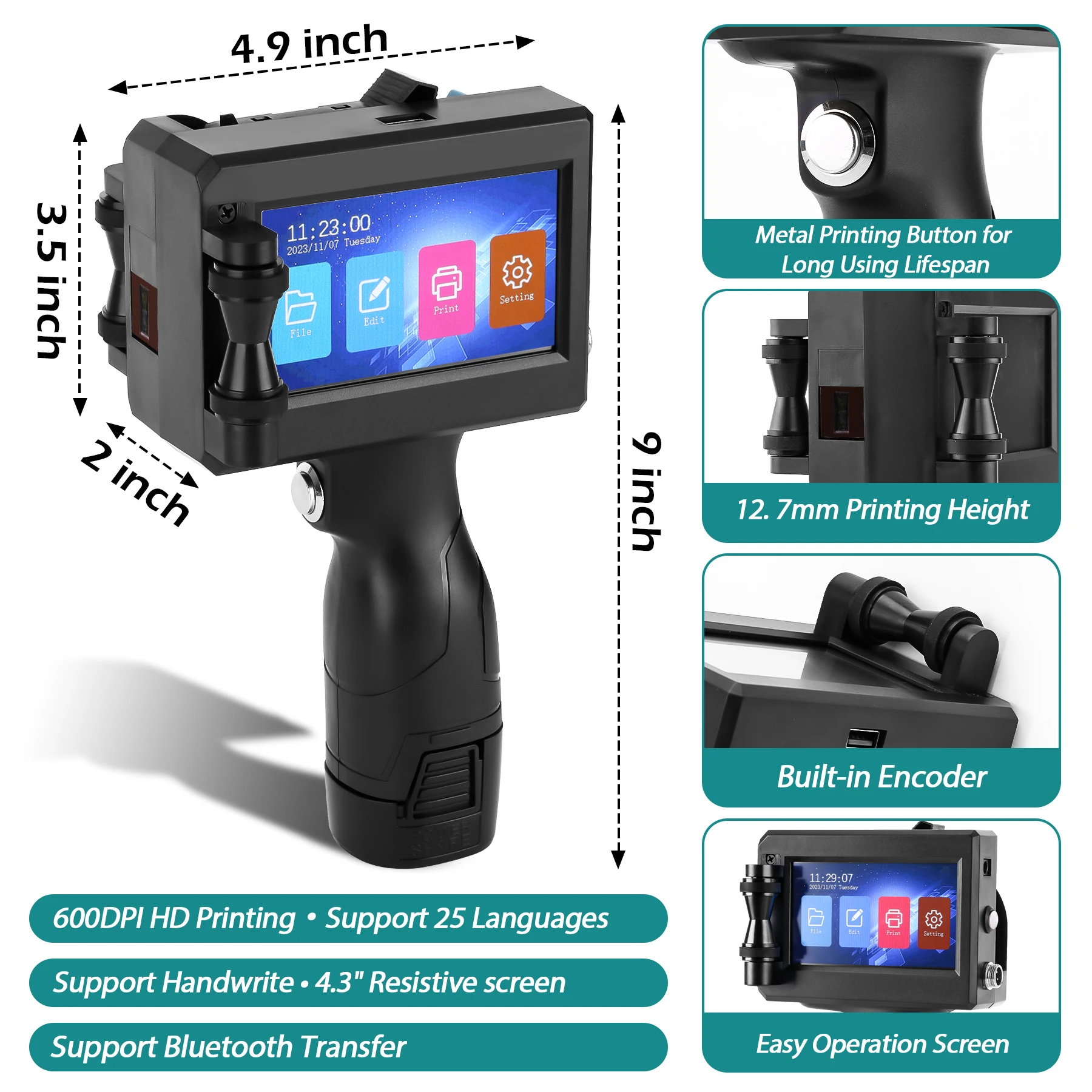 Portable Handheld Inkjet Printer Gun with 12.7mm Nozzle for Text QR Barcode Batch Number Logo Date Label Printer Non-encrypted