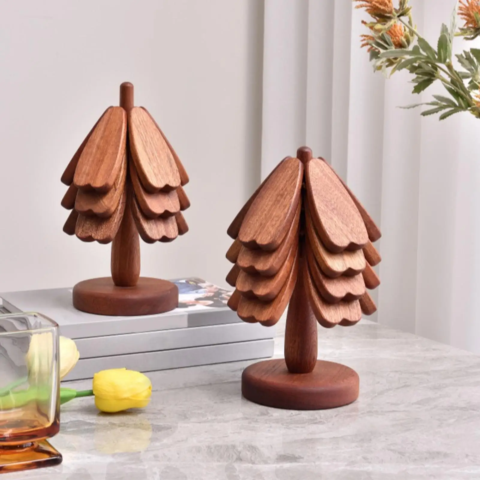 Christmas Tree Trivet Wood Heat-Resistant Hot Bowl Trivet Hot Dishes Pad cup coasters 4 foldable heat insulation mats + 1 stand