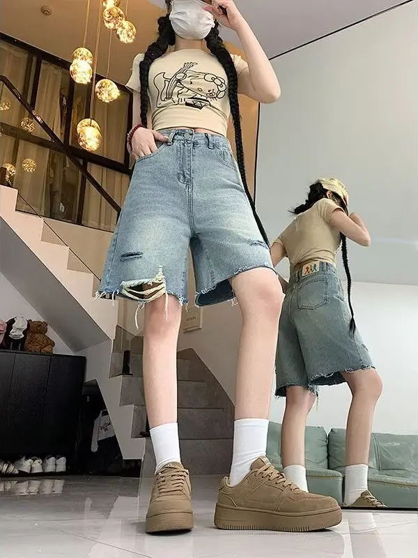 

Trendy High Waist Loose Fit Summer Thin Denim Shorts Women's Wide Leg Bootcut Five-Point Mid-Calf Pants Straight Cut Jeans