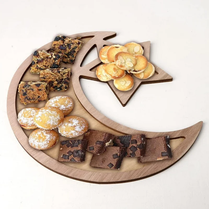 Ramadan-Tablett, Ramadan-Holztablett, Mond, Stern, Holz, Eid Mubarak, Dessert-Tablett, Ramadan-Dekorationen, Serviergeschirr