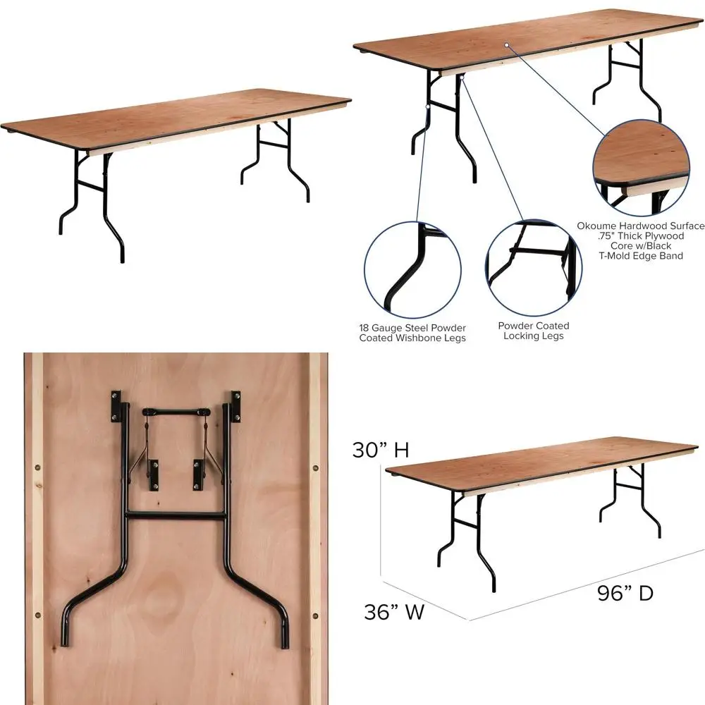 

8-Foot Adjustable All-Purpose Wooden Folding Banquet Table, Portable with Natural/Black Finish