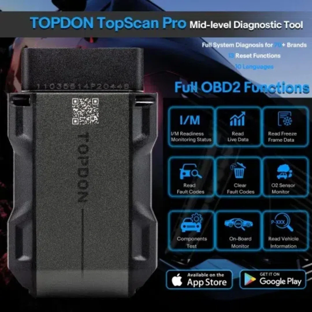 

2025 New TOPDON TopScan Pro Mid-level Diagnostic Tool 13 Reset Functions I/M Readiness Injector Coding Tire Pressure Reset