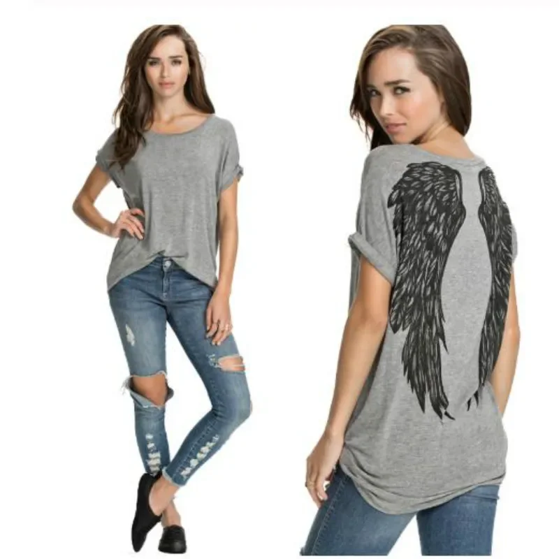PDOOL T Shirt Women 2024 Summer Tees Angel Wings Back Printing Left Shoulder Roll Sleeve Loose Top T-shirts Women\'s Clothing