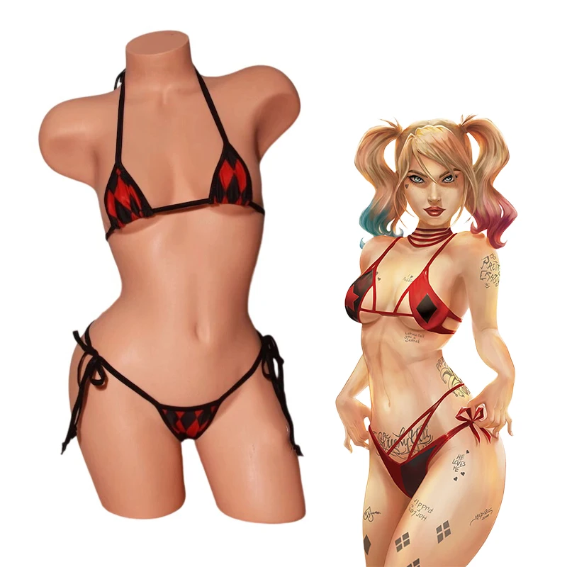 

Harleey Cosplay Bikini Suit Sexy Women Black Red Checkerboard Split Swimsuit Halloween Carnival Party Beach Lace Up Swimwear