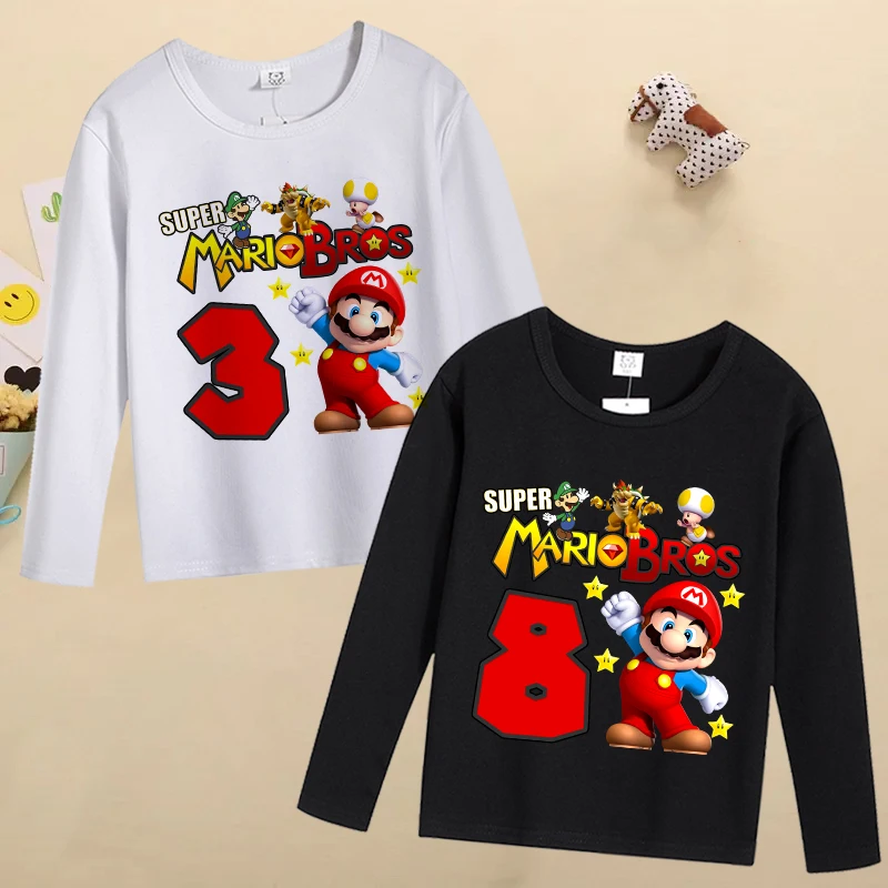 

New Super Mario Bros Kids T-shirts Long-sleeved Boys Cartoon Birthday Number Printed Tops Autumn Winter Children's Clothing