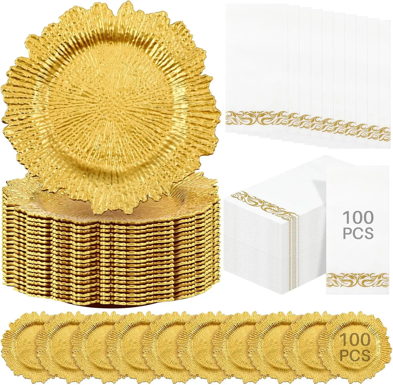 

100 Set Reef Charger Plate Set Bulk 100 Pcs 13" Plastic Plate Chargers Matte Ruffled Rim Charger Plate