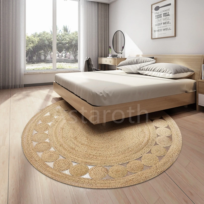 Round Woven Carpets Handmade 100% Pure Natural Jute Rugs for Bedroom Living Room Vintage Home Decor Natural Plants Floor Mats