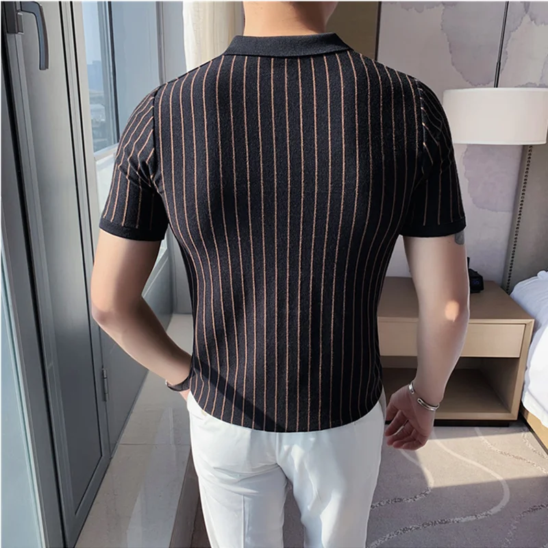 British Style Summer New Vertical Stripes Men Polo Shirt Short-Sleeved Slim Fit Lapel Stretch Knitted T-shirt Plus Size 4XL-M