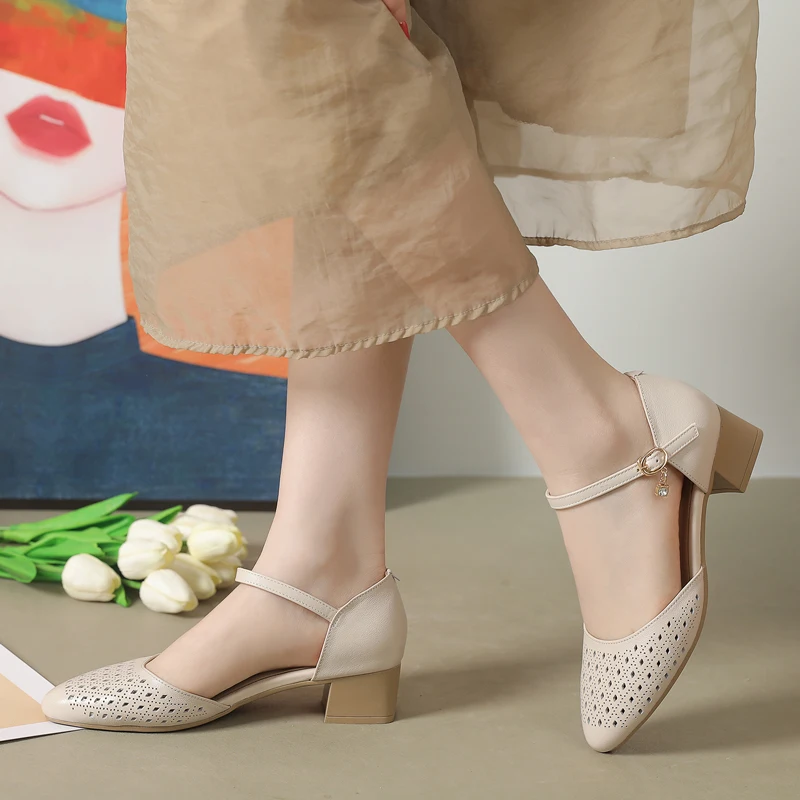 

Women's Summer Hollow out Leather Sandals Bule Soft Bot Versatile Comfortable mid Heel Thi Heel Head Cover Large Size ...