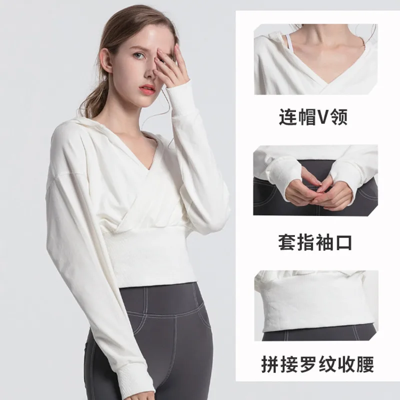 Autumn Winter Long Sleeve Hooded Sports Smock Women Yoga Gym Fitness Quick Dry Loose Tops Sexy V-neck Design Breathable Clothes