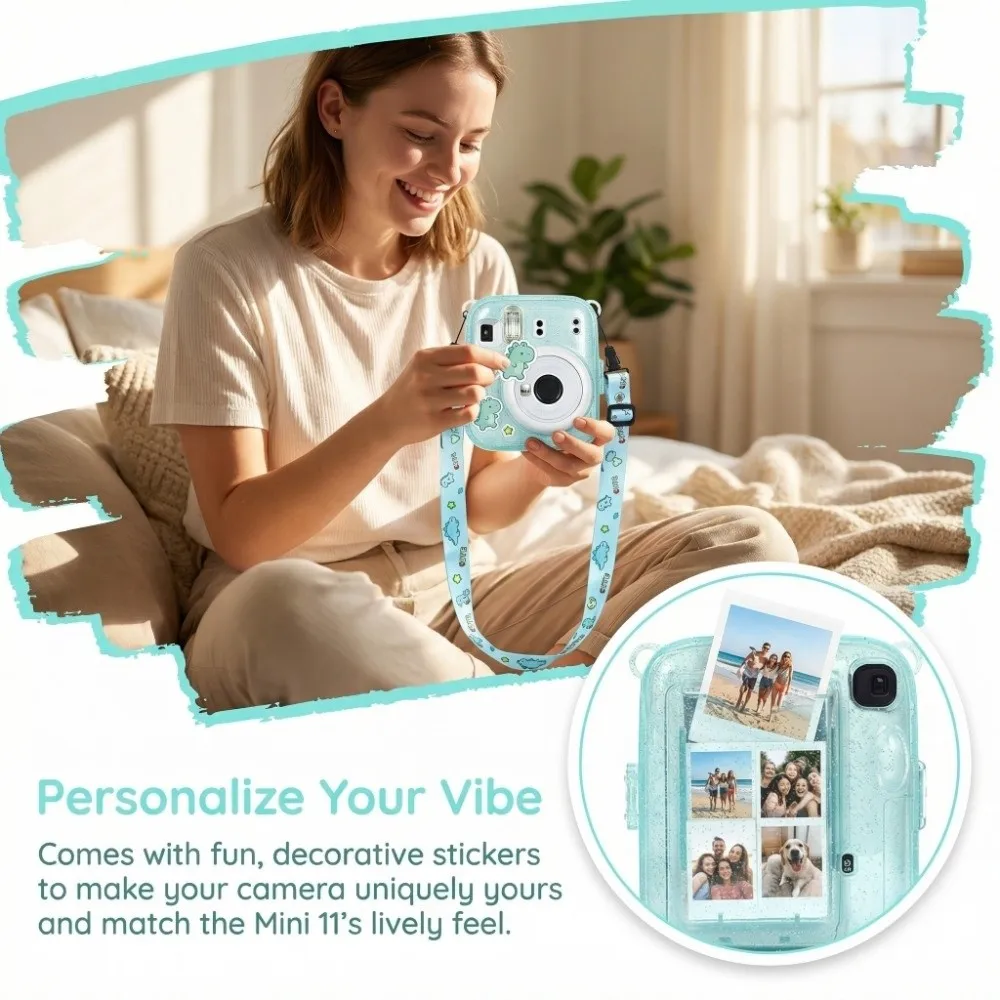 Translucent Glitter Instant Camera Case with Cartoon Sticker 3 in 1 Photo Storage Shell Shockproof for Fujifilm Instax Mini 13