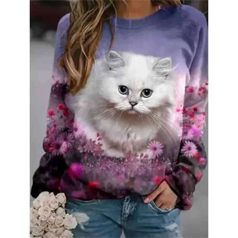 Sweat-shirt décontracté à col rond pour femme, sweat à capuche polyvalent, impression de chat 3D, mignon, petit, frais, vêtements de maison,