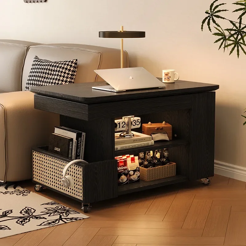 Retro solid wood mobile side table can be lifted and moved with wheels, coffee table trolley, sofa side cabinet